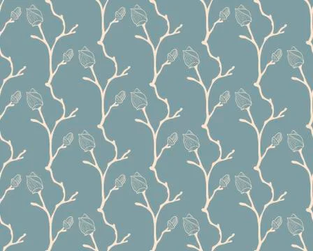 Vector Blue Seamless Pattern with Drawn Cherry Flower Buds Stock Illustration