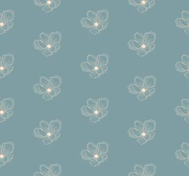 Vector Blue Seamless Pattern with Drawn Cherry Flowers Stock Illustration