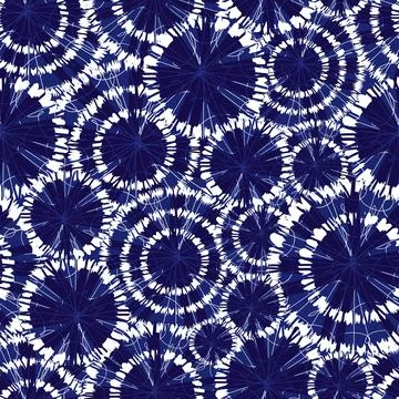 Vector blue shibori circle wheels overlap seamless pattern. With spiderweb de Stock Illustration