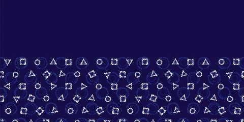 Vector blue shibori elegant triangle square circle polka dot horizontal borde Stock Illustration