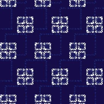 Vector blue shibori simple rows of four squares seamless pattern. Suitable .. Stock Illustration