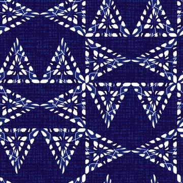 Vector blue shibori triangle abstract seamless pattern with canvas background Stock Illustration