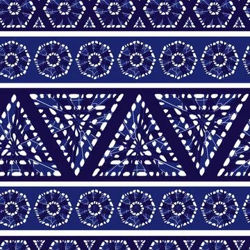 Vector blue shibori triangle and octagon stripes abstract seamless pattern. S Stock Illustration