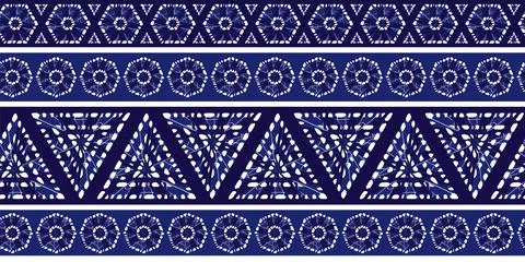 Vector blue shibori triangle and octagon stripes abstract horizontal border Stock Illustration