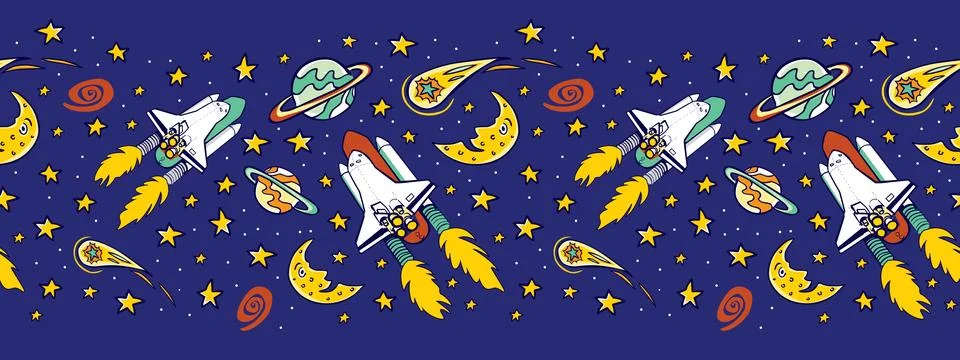 Vector blue space shuttle blast off with stars, moon and comet horizontal bor Stock Illustration