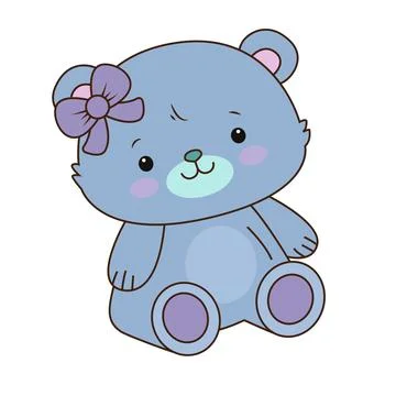 Vector blue teddy bear icon. Vector toy bear with purple bow icon Stock Illustration