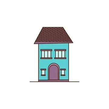 Vector Blue two-storey house with a purple door icon. Vector house with two Stock-Illustration