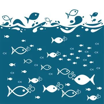 Vector blue waves of the sea and many fish icon with air babbles. Stock Illustration