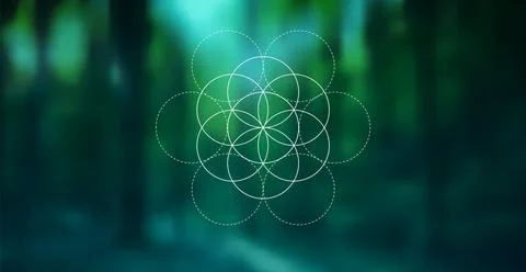 Vector blurred background of forest and trees and symbol Flower of Life Stock Illustration