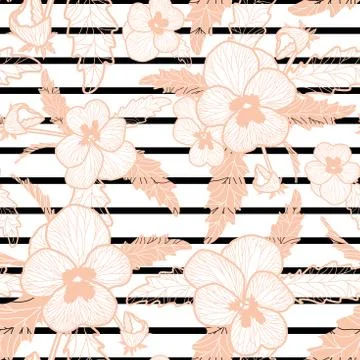 Vector blush pansy pattern on black and white stripe background. Floral vecto Illustrazione stock
