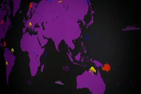 Vector Boats - Worldwide - Trees growing - map of the world - black backgroun Stock Footage 68610601