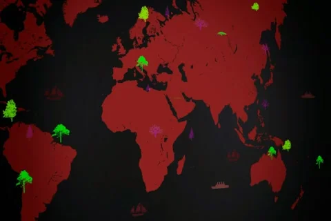 Vector Boats - Worldwide - Trees growing - map of the world - black backgroun Stock Footage 68610624