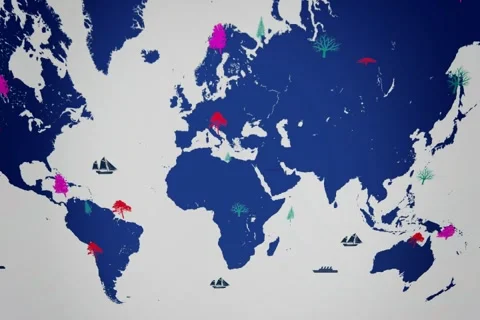 Vector Boats - Worldwide - Trees growing - map of the world - white backgroun Stock Footage 68610651