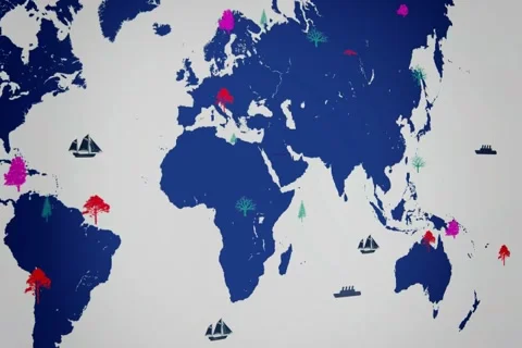 Vector Boats - Worldwide - Trees growing - map of the world - white backgroun Stock Footage 68610655