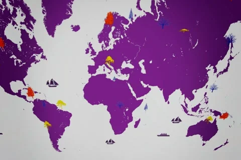 Vector Boats - Worldwide - Trees growing - map of the world - white backgroun Stock Footage 68610680