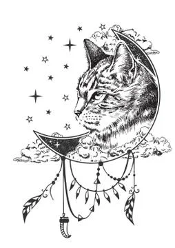 Vector boho cat tattoo or t-shirt print design Illustrazione stock