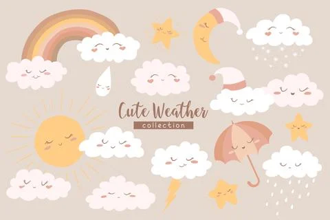 Vector boho collection with hand drawn cartoon sun, moon, rainbow, umbrella.. Stock Illustration