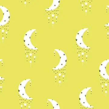 Vector Boho Crescent Moon with Star Chains on Lemon Lime Green seamless pattern Stock Illustration