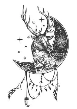 Vector boho deer tattoo or t-shirt print design Illustrazione stock