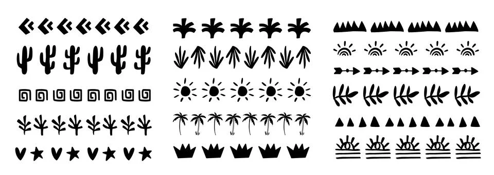 Vector Boho Doodle Borders Set. Tribal Strokes Stock Illustration