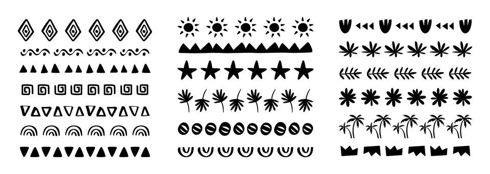 Vector Boho Doodle Borders Set. Tribal Strokes Stock Illustration