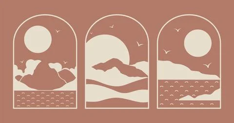 Vector boho mountain emblem set. Modern minimal linear badges with landscapes. Stock Illustration