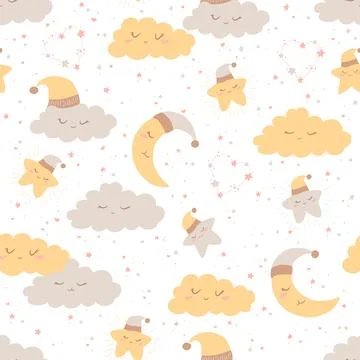 Vector boho seamless pattern with cute hand drawn cartoon clouds, moon and .. イラスト素材