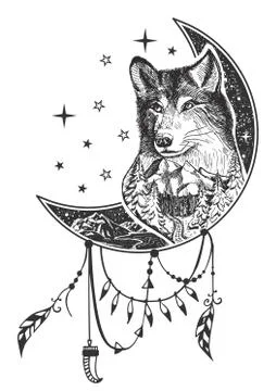 Vector boho wolf tattoo or t-shirt print design Stock Illustration