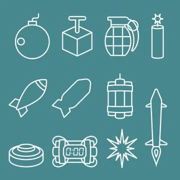 Vector bomb and dynamite icons set,thin line Stock Illustration