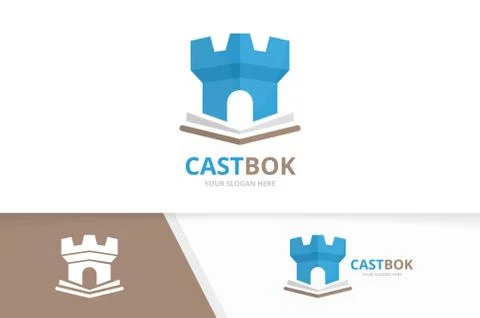 Vector book and castle logo combination. Tower and market symbol or icon. Unique Illustrazione stock
