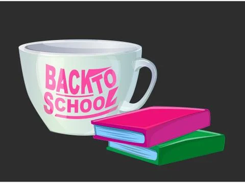 Vector books and white cup with text back to school Stock Illustration