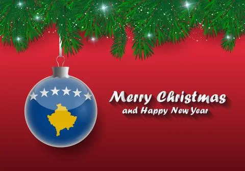 Vector border of Christmas tree branches and ball with kosovo flag. Merry chr Stock Illustration