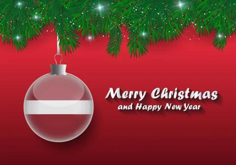 Vector border of Christmas tree branches and ball with latvia flag. Merry chr Stock Illustration