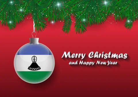 Vector border of Christmas tree branches and ball with lesotho flag. Merry ch Stock Illustration