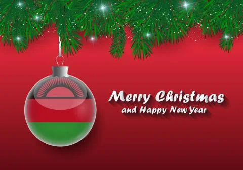 Vector border of Christmas tree branches and ball with malawi flag. Merry chr Stock Illustration