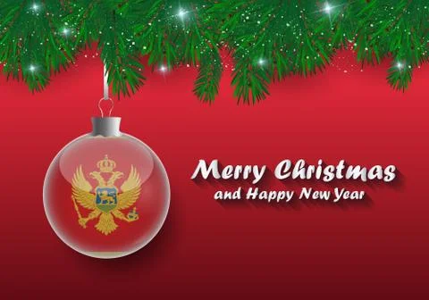 Vector border of Christmas tree branches and ball with montenegro flag. Merry Stock Illustration