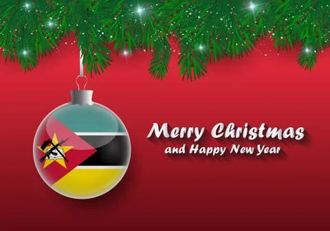 Vector border of Christmas tree branches and ball with mozambique flag. Merry Stock Illustration