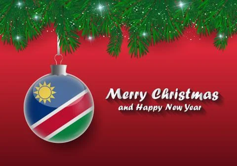 Vector border of Christmas tree branches and ball with namibia flag. Merry ch Stock Illustration