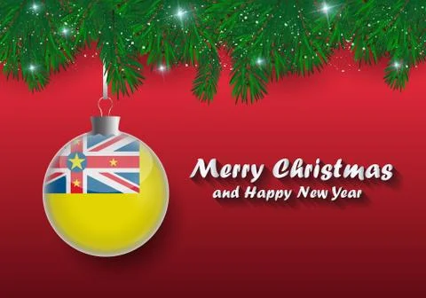 Vector border of Christmas tree branches and ball with niue flag. Merry chris Stock Illustration