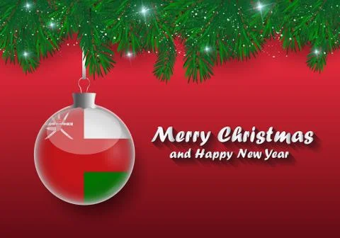 Vector border of Christmas tree branches and ball with oman flag. Merry chris Stock Illustration