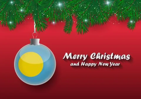 Vector border of Christmas tree branches and ball with palau flag. Merry chri Stock Illustration