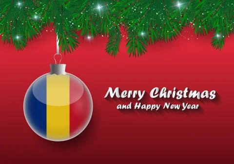 Vector border of Christmas tree branches and ball with romania flag. Merry ch Stock Illustration