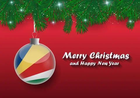 Vector border of Christmas tree branches and ball with seychelles flag. Merry Stock Illustration