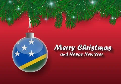 Vector border of Christmas tree branches and ball with solomon islands flag.  Stock Illustration
