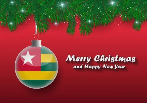 Vector border of Christmas tree branches and ball with togo flag. Merry chris Stock Illustration