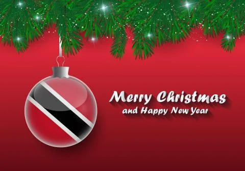Vector border of Christmas tree branches and ball with trinidad and tobago fl Stock Illustration