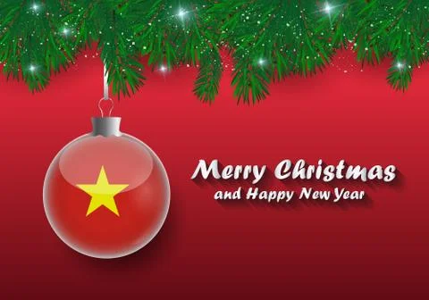 Vector border of Christmas tree branches and ball with vietnam flag. Merry ch Stock Illustration