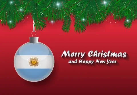 Vector border of Christmas tree branches and ball with argentina flag. Merry  Stock Illustration