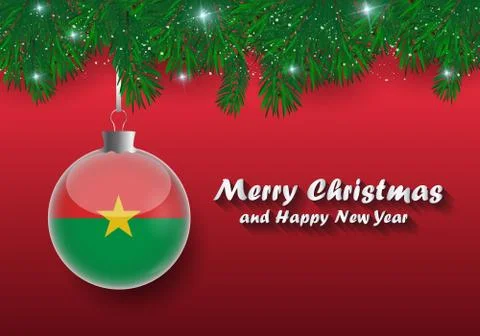 Vector border of Christmas tree branches and ball with burkina faso flag. Mer Stock Illustration