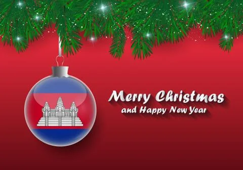 Vector border of Christmas tree branches and ball with cambodia flag. Merry c Stock Illustration